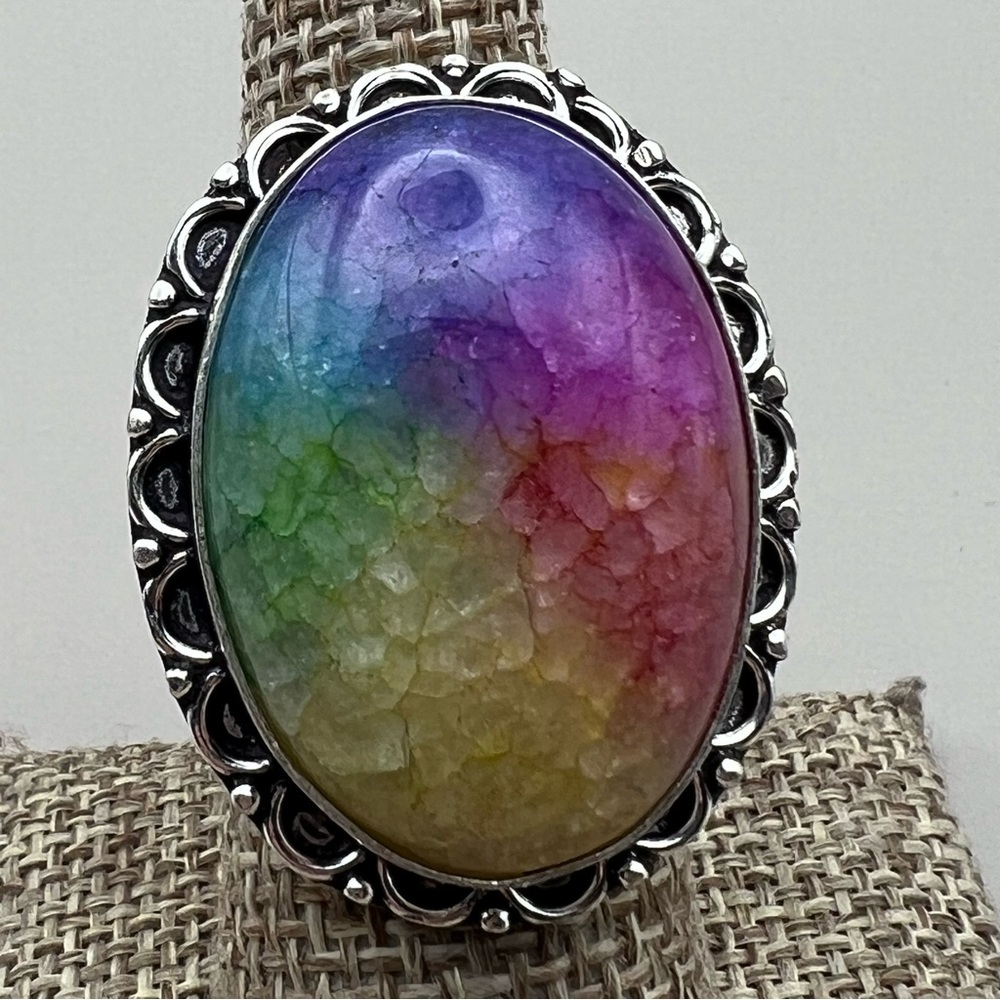 New Rainbow Solar Quartz Crystal Silver Overlay Ring Size 8